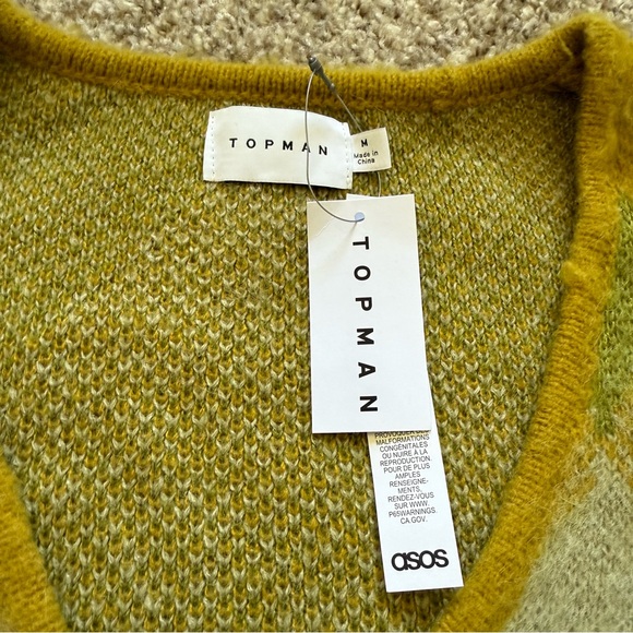 Topman Argyle Cardigan Sweater Mens Medium Wool Blend Yellow Green Buttons - Picture 9 of 11